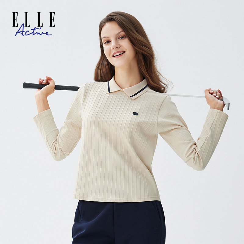 ELLE Active【一体织】经典POLO衫肌理感针织t恤运动休闲女长袖上衣