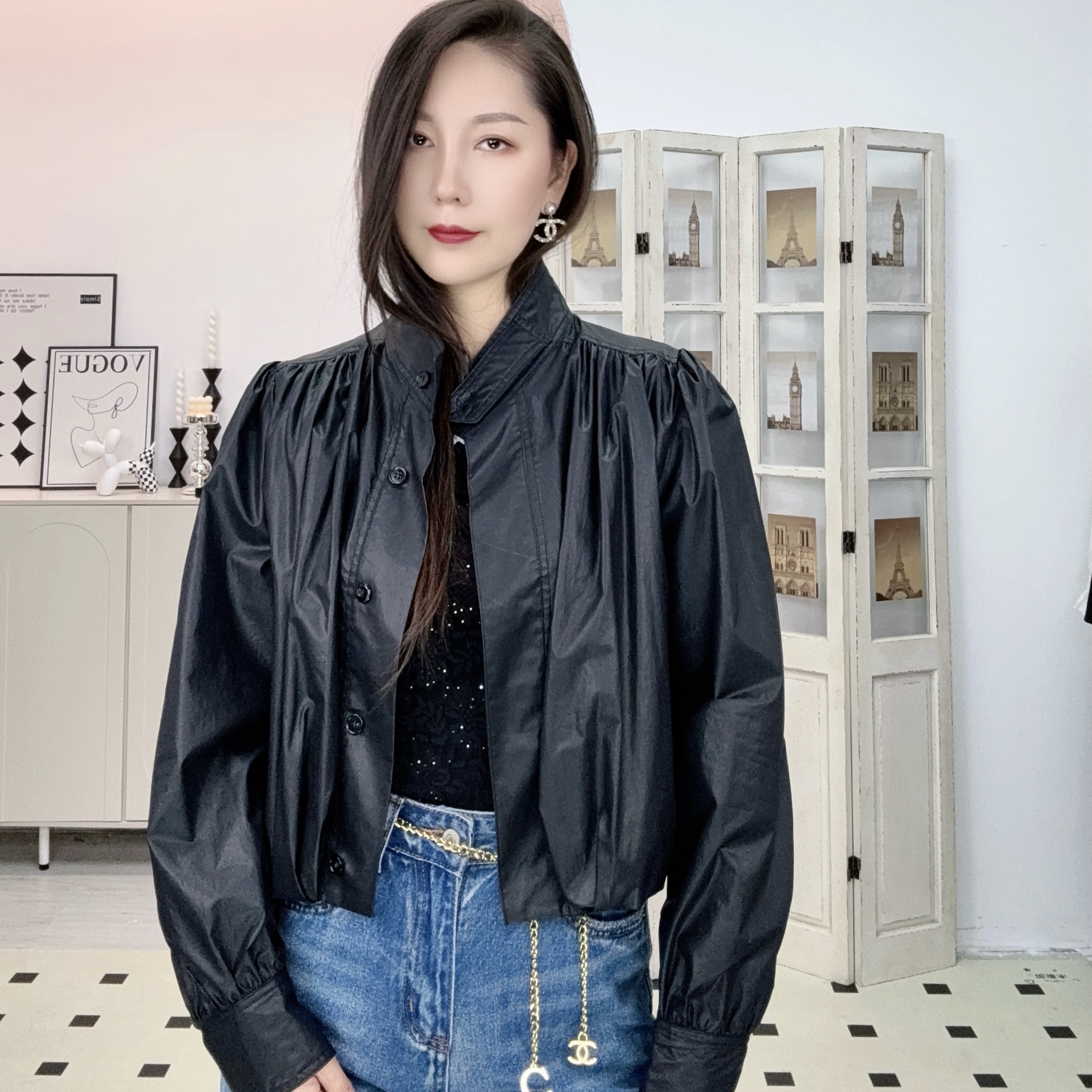 时尚立领短外套秋季女式复古短款长袖百搭