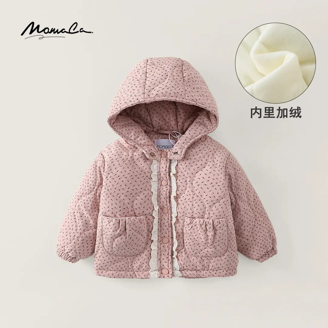 MOMOCO冬季女童保暖休闲韩版花边点点棉服连帽外套77830107072