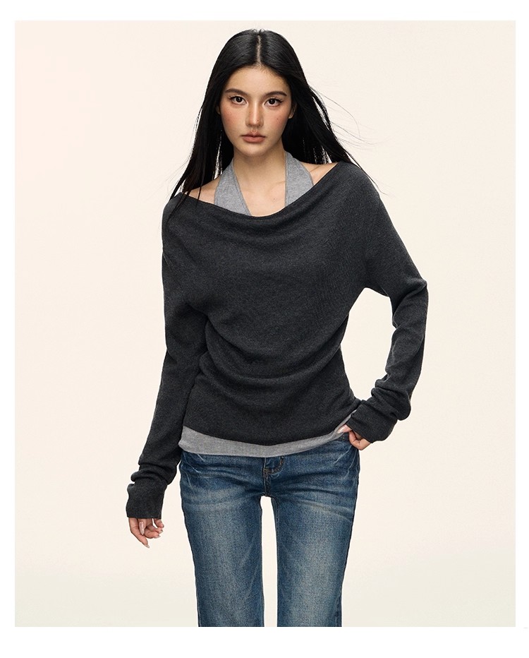 anna aneae假两件挂脖针织打底衫女秋冬撞色漂亮好看独特长袖上衣