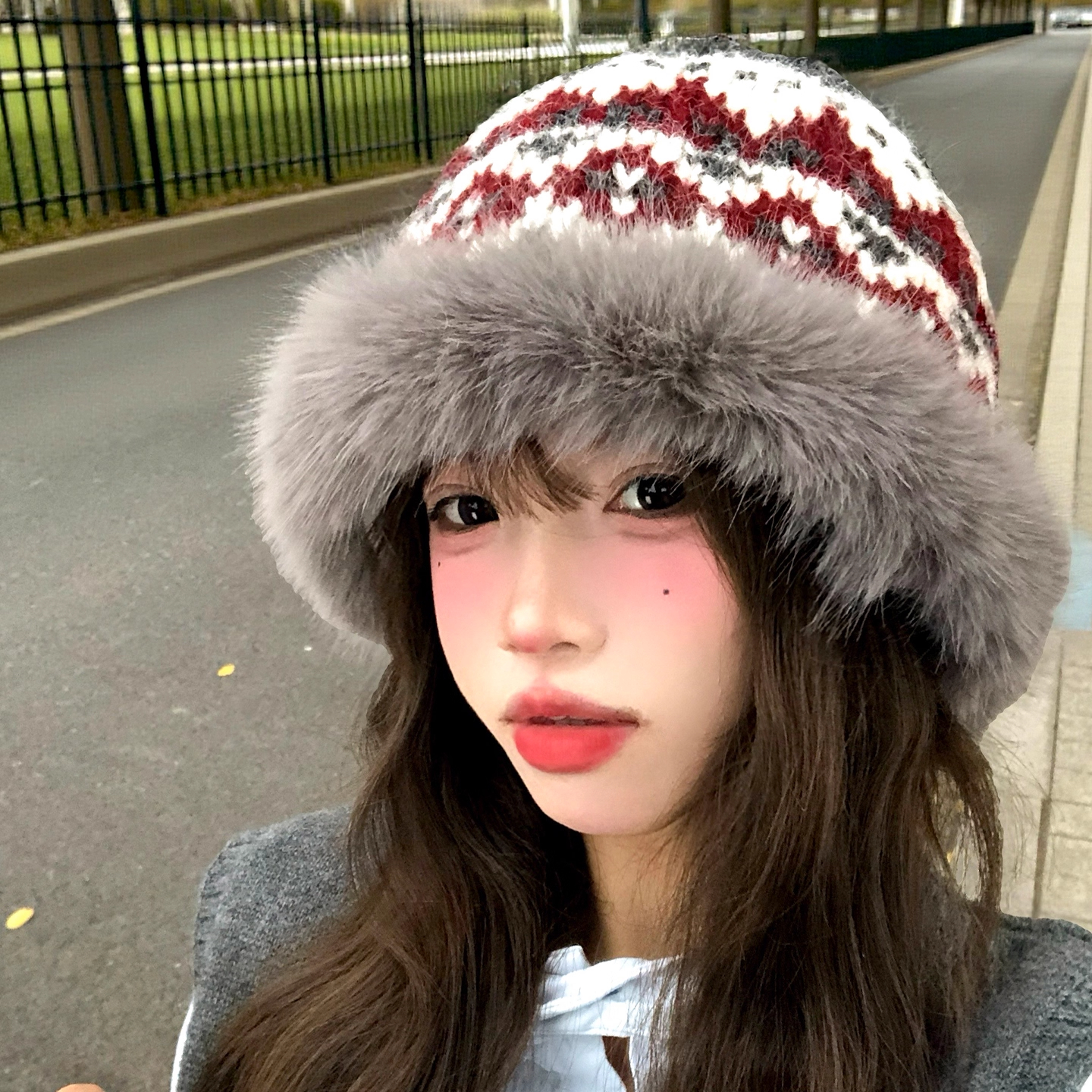 复古费尔岛提花毛绒针织帽子女冬季加厚保暖渔夫帽护耳防寒盆帽