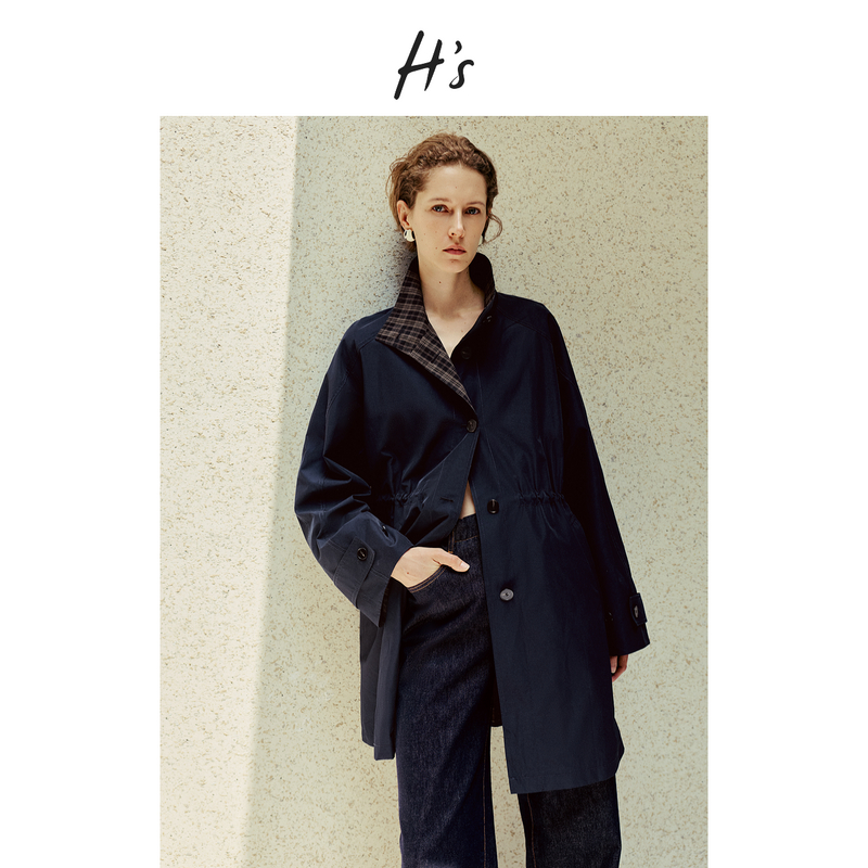 【秋上新】H'S格纹拼接风衣女25秋新款英伦风腰部抽绳中长款外套