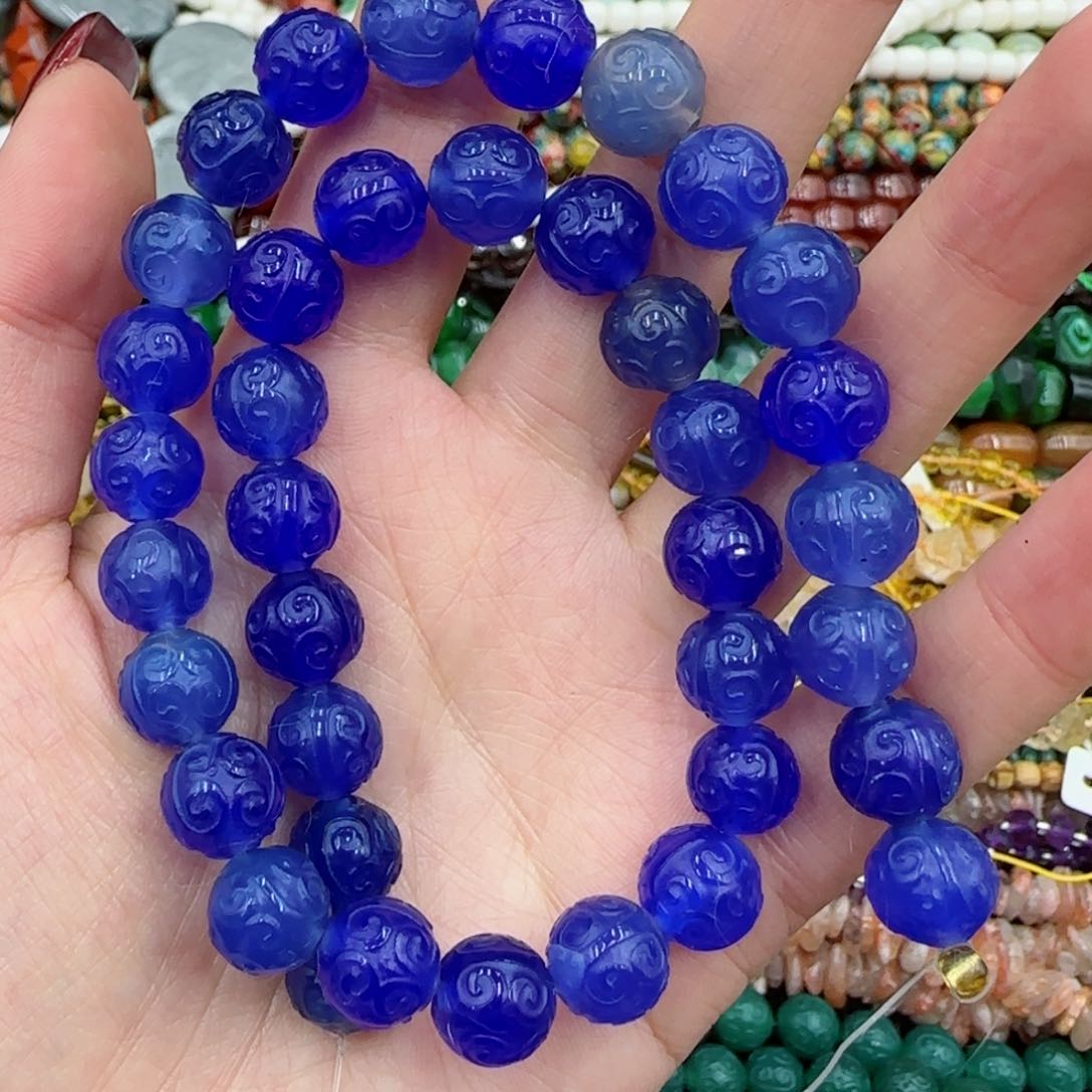 玛瑙/玉髓珠宝半成品未镶嵌玛瑙雕刻回纹珠一条卡十