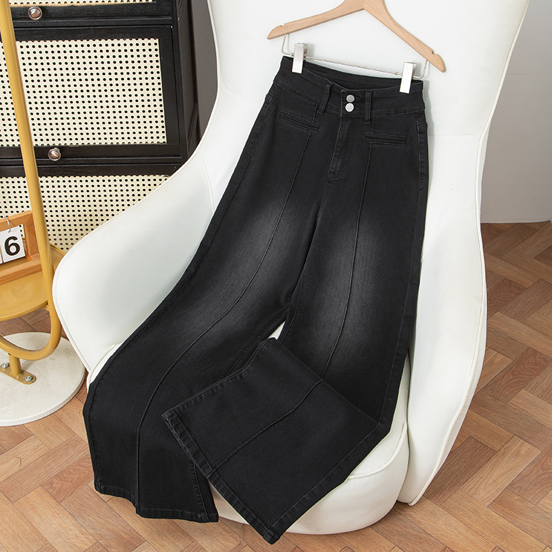 高腰阔腿牛仔裤女微喇秋季新款黑灰色修身宽松显瘦百搭裤9851