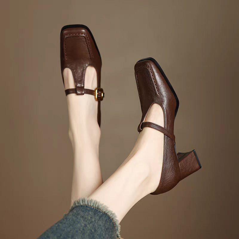 木林鞋业高跟鞋红色玛丽珍高跟鞋春秋包头夏季复古