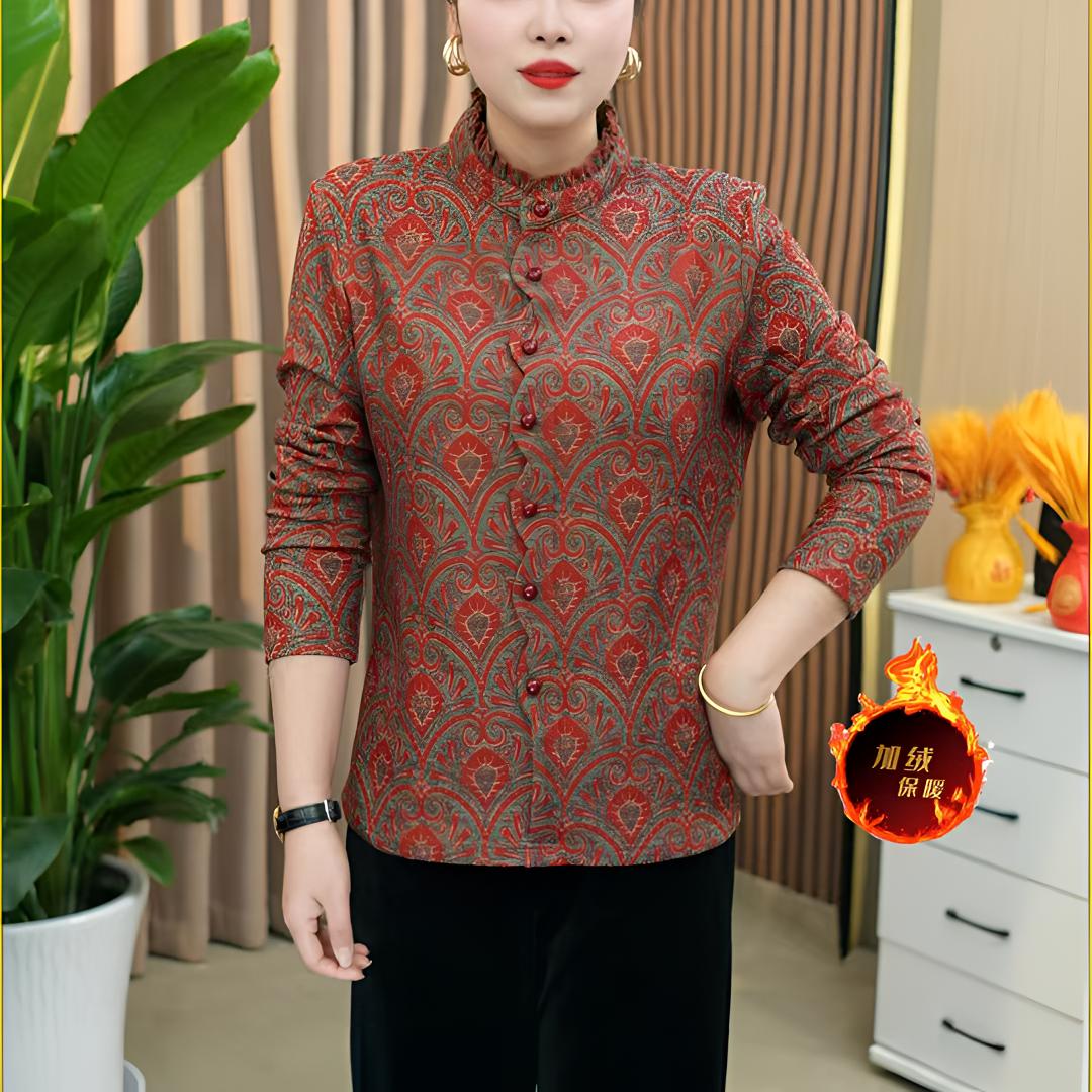 冬季新款加绒保暖木耳边双面奥绒打底衫时尚百搭妈妈装长袖套头衫