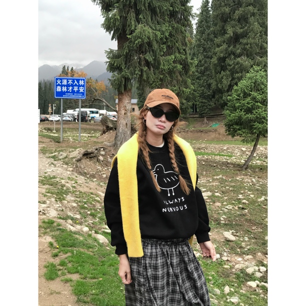 ONNI线条小鸭卫衣ins松弛感慵懒宽松显瘦卫衣极简风内搭上衣#0113