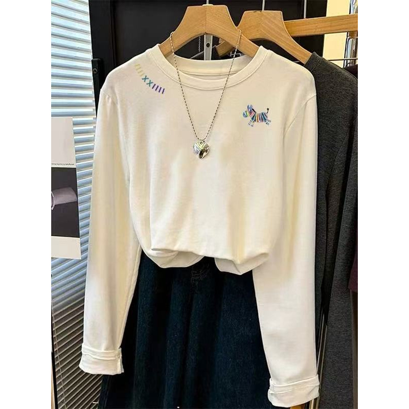 糯米绒~【彩虹木马·刺绣】长袖T恤女秋季正肩宽松白色上衣25131