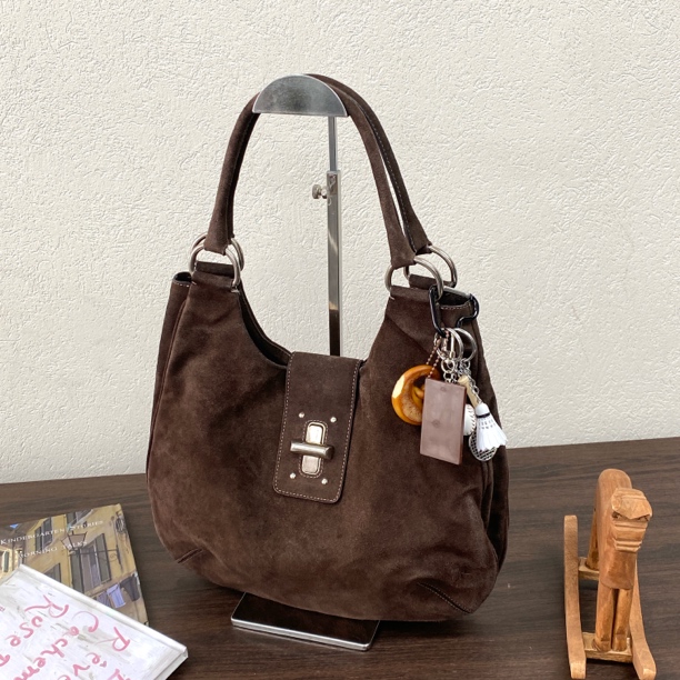 95新 Prada/普拉达 棕色麂皮双子星hobo单肩包 117643