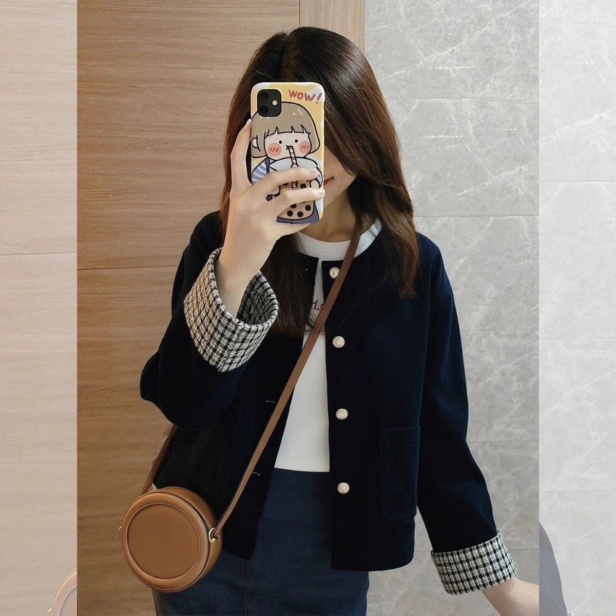 2025秋季新款高级气质复古格子拼接夹克灯芯绒藏蓝色外套秋冬