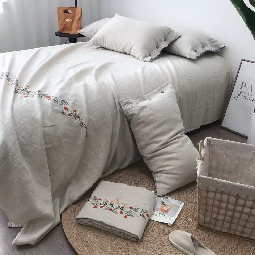 小松果高端汉麻高精密刺绣床单三件套加厚雨露麻双人床单