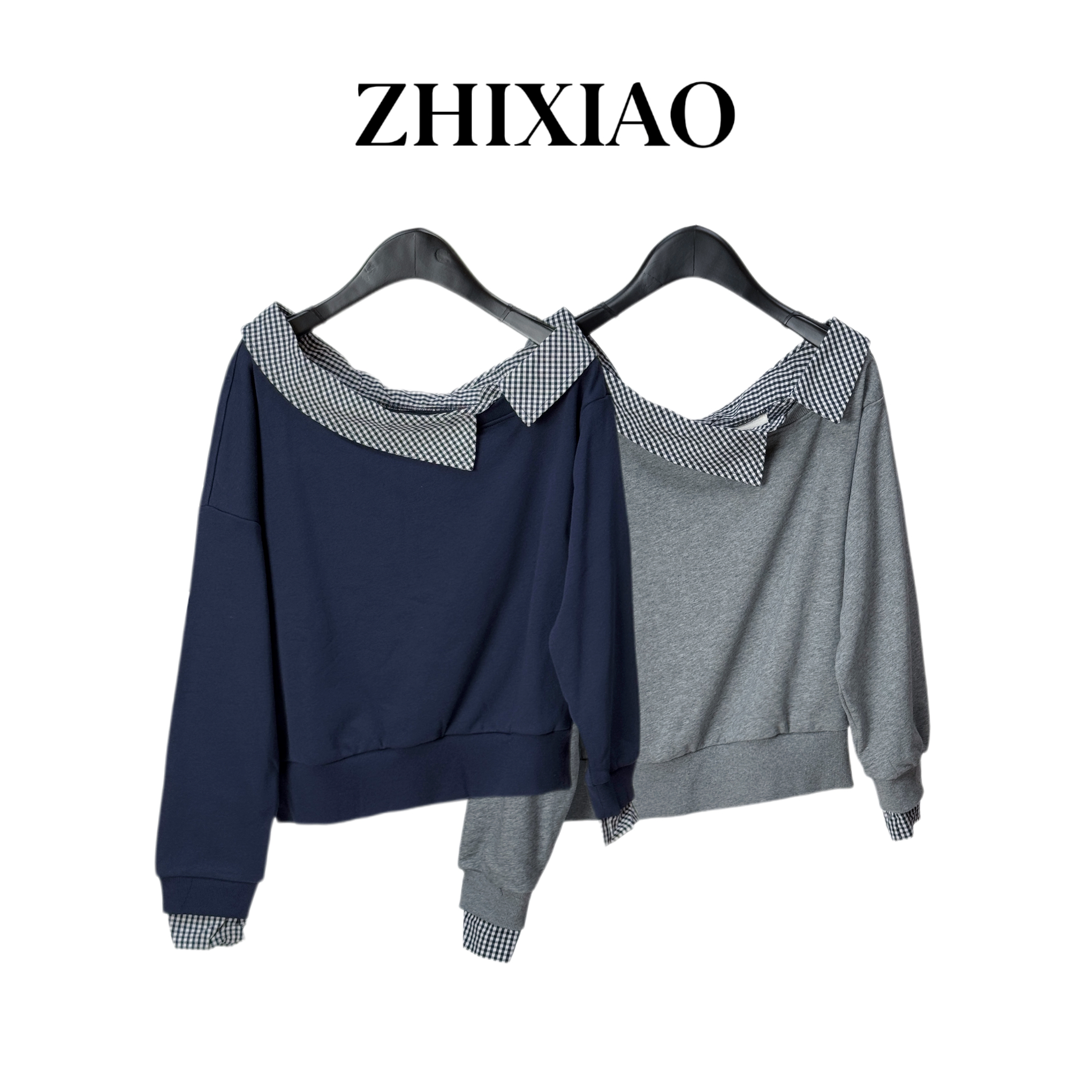 【ZHIXIAO】秋冬新款：拼格子斜肩上衣335090