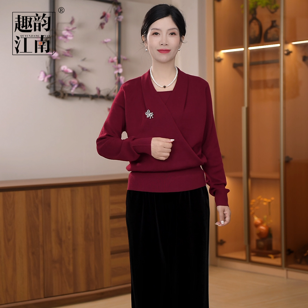 中老年妈妈装秋季法式针织长袖针织衫洋气显瘦两件套