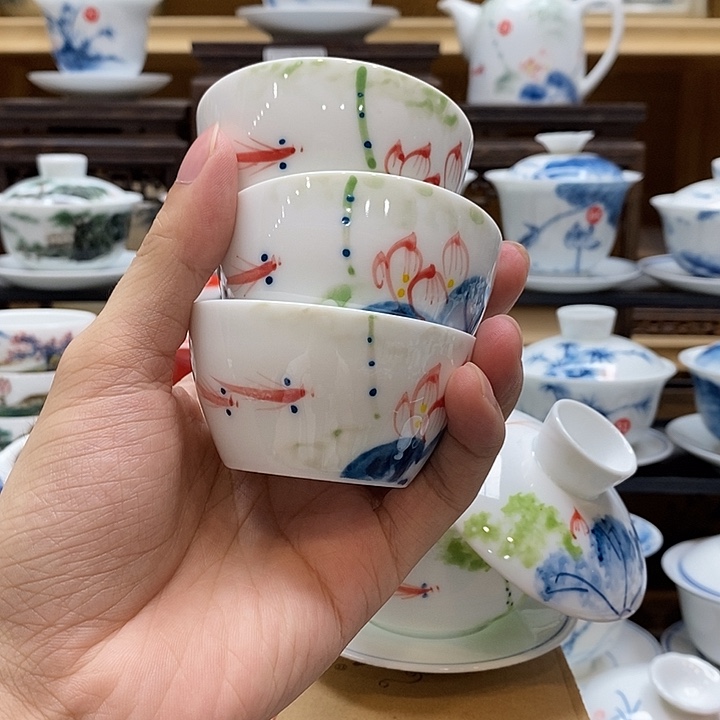 手绘水缸杯60cc四个装釉下彩微瑕福利款