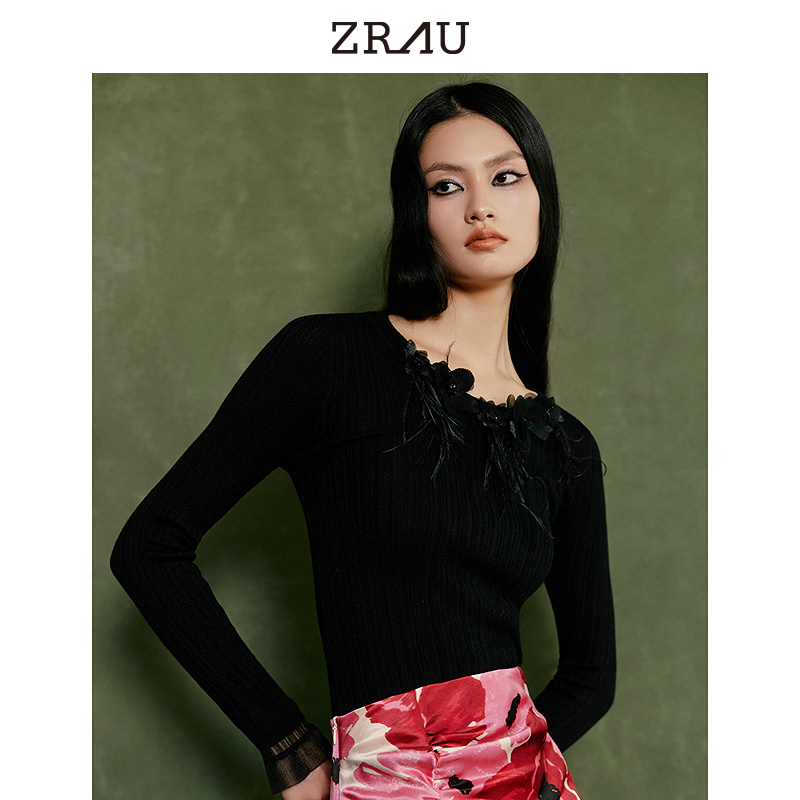 【臻选】ZRAU经典毛衫秋冬新款立体装饰针织打底衫9105043150