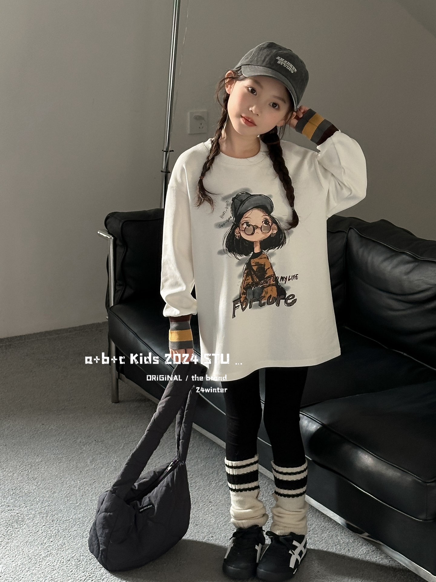 童装百搭宽松长袖T恤中长款女童撞色上衣75820