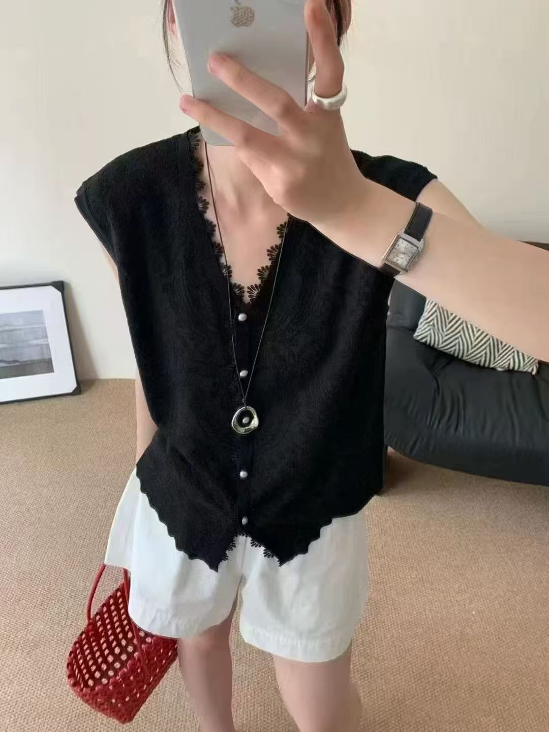 【351-400】夏季韩版时尚百搭V领黑色背心针织衫