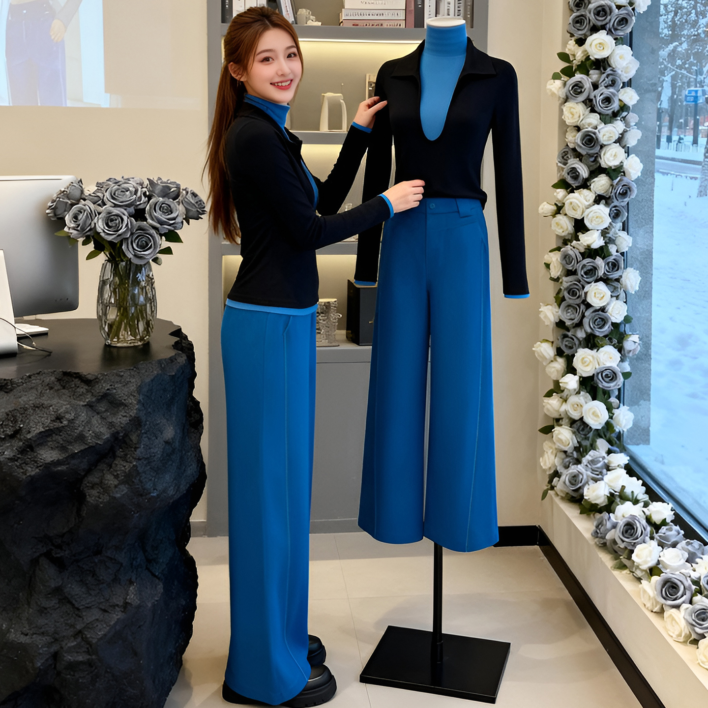 今年流行撞色拼接假两件长袖上衣显瘦百搭休闲长裤秋冬新款两件套