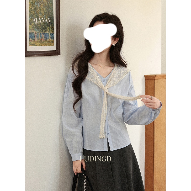 现货【品牌撤柜款ZB】大码女装蓝色条纹衬衫小众显瘦上衣D12719-1
