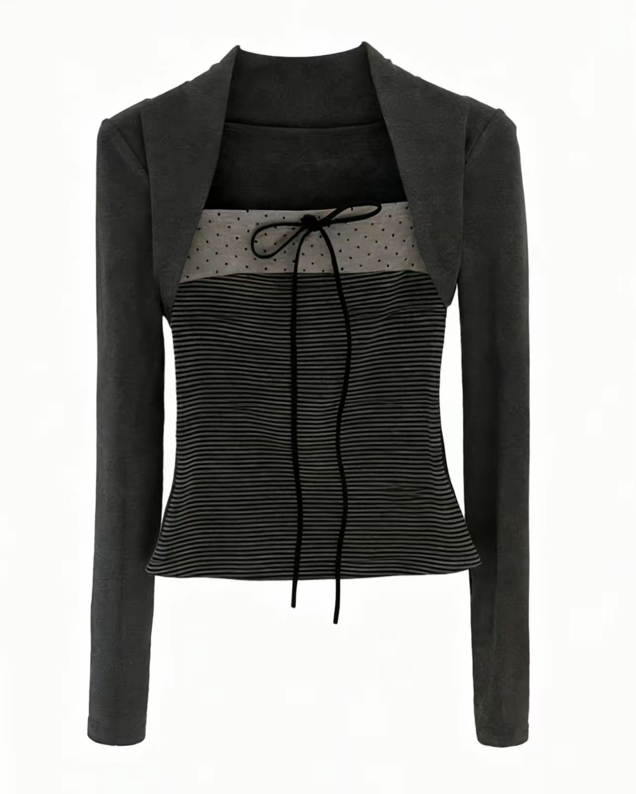 胖MM2025秋冬款韩系撞色蝴蝶结系带波点元素坎肩假两件上衣T恤女