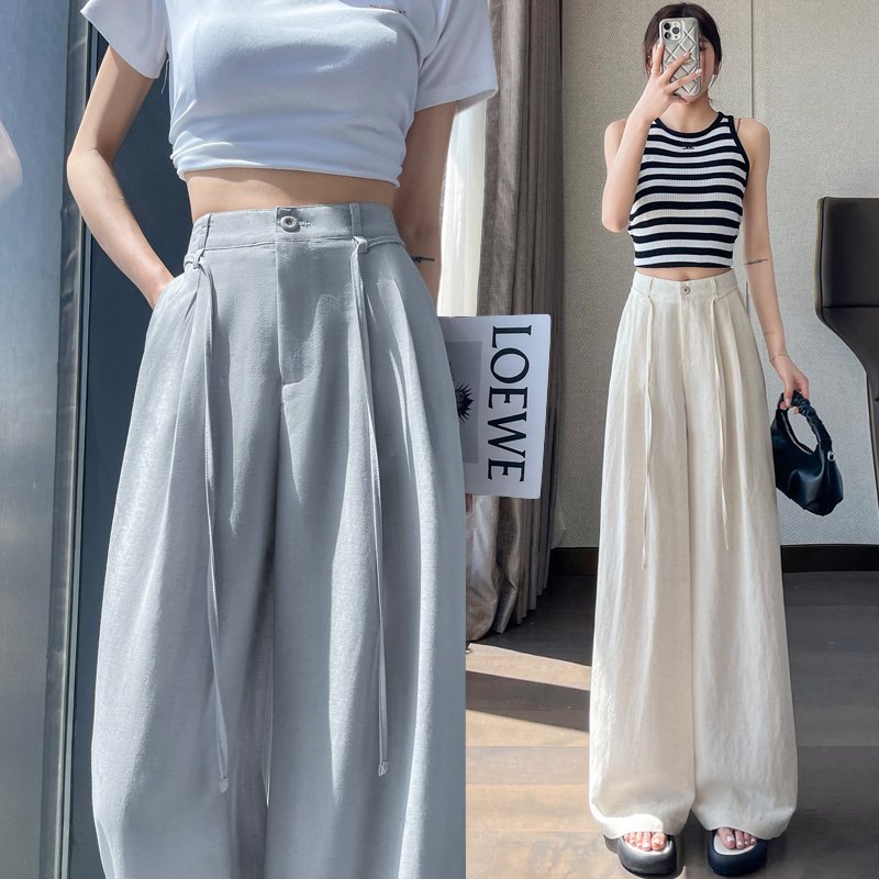 白色冰丝亚麻西装裤女夏季薄款高腰显瘦宽松垂感窄版阔腿裤拖地裤