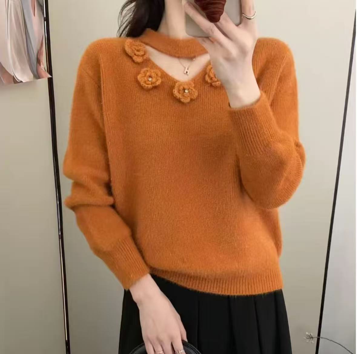 不起球韩版手工钩花细闪亮丝针织衫女显瘦打底毛衣