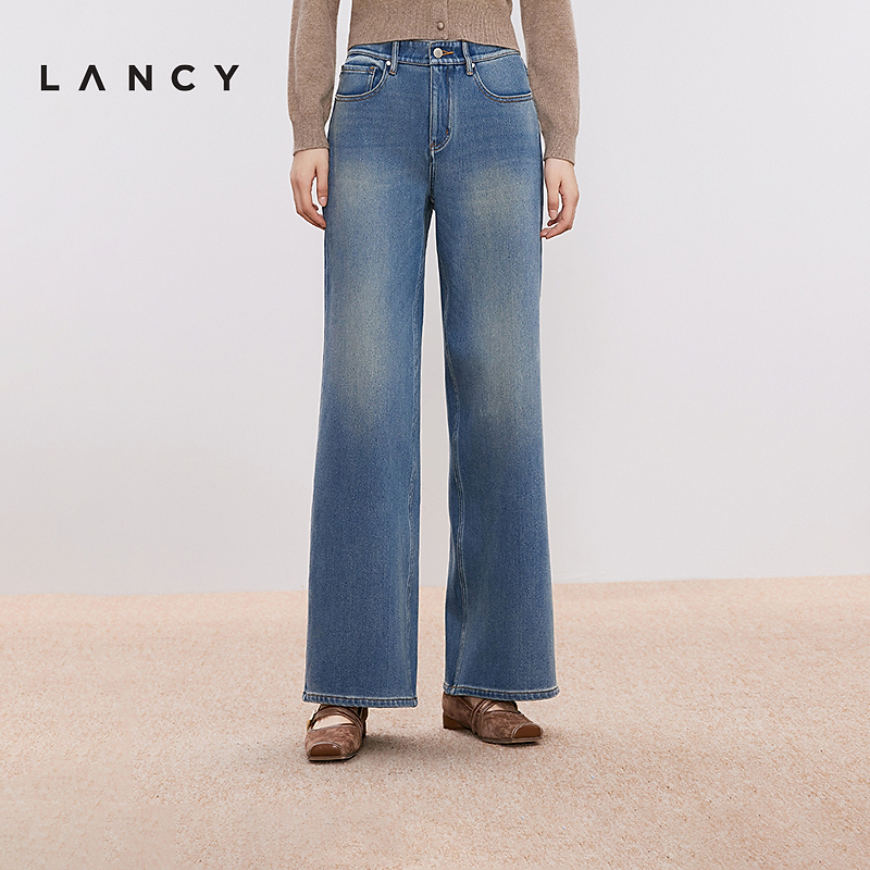 LANCY/朗姿2024年冬新款宽松直筒阔腿裤牛仔裤女通勤日常百搭长裤