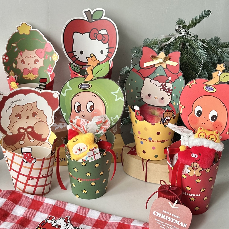 圣诞卡通人物创意杯平安果花束diy插花盒花艺插花抱抱盒花店用品