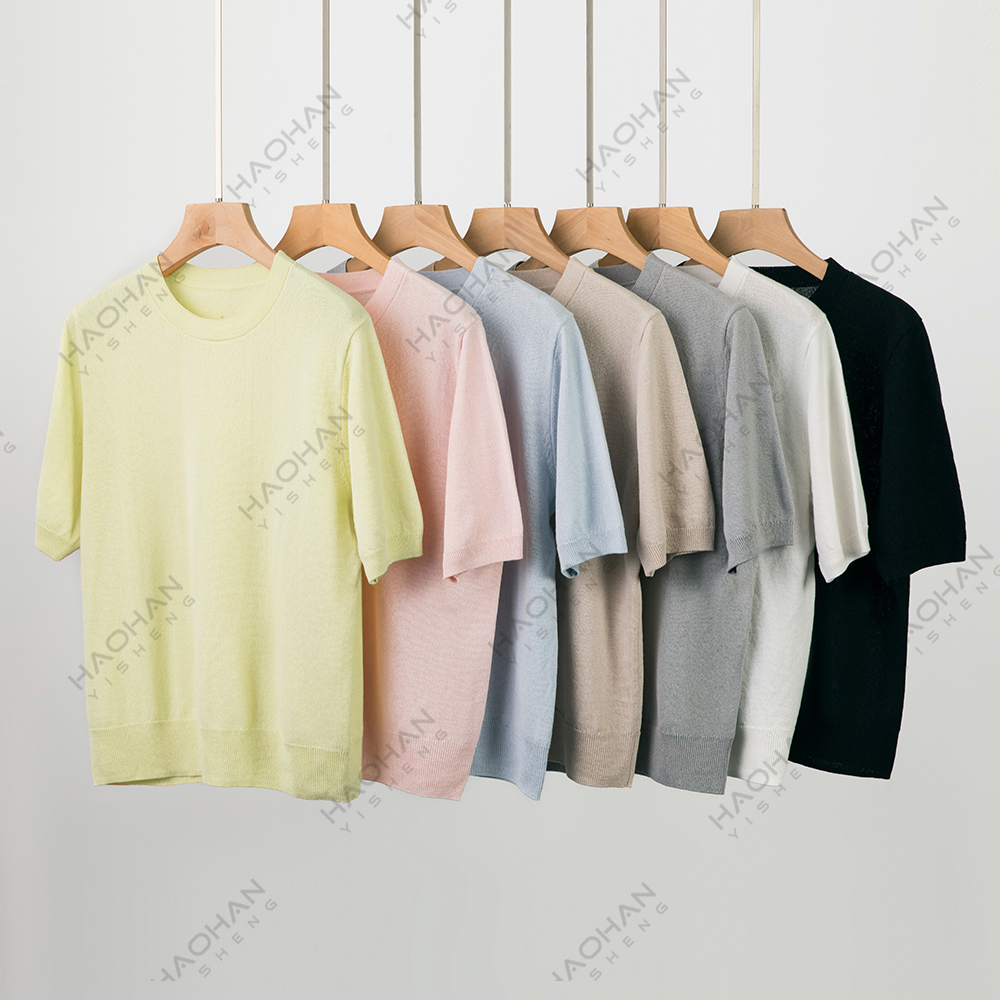 #昊涵HAOHAN#春夏新品 简约时尚百搭 和纸纱圆领针织半袖JC-25006