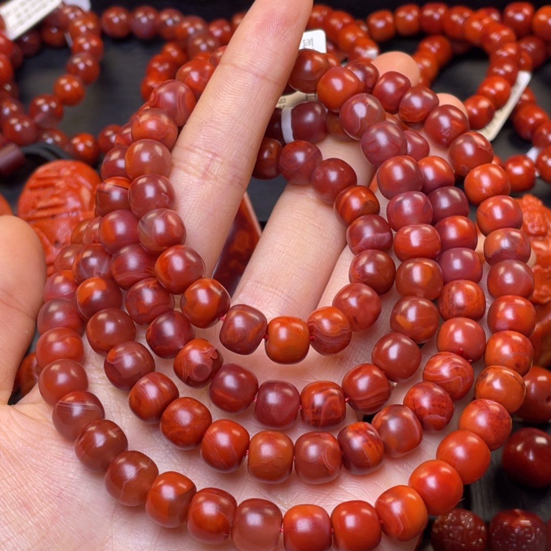 南红玛瑙其他未镶嵌9mm瓦西火焰纹哑光老型佛珠
