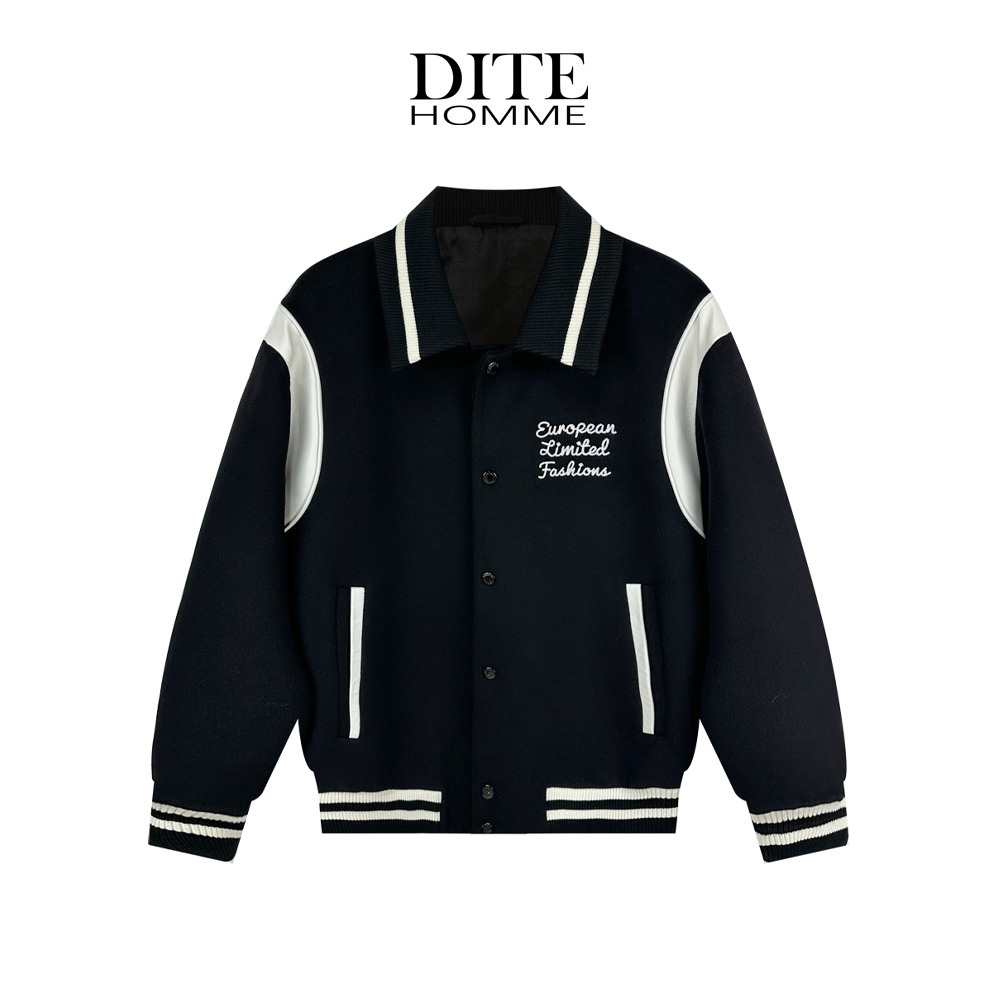 Dite迪特秋冬男士翻领夹克黑色拼色潮流时尚百搭秋季外套