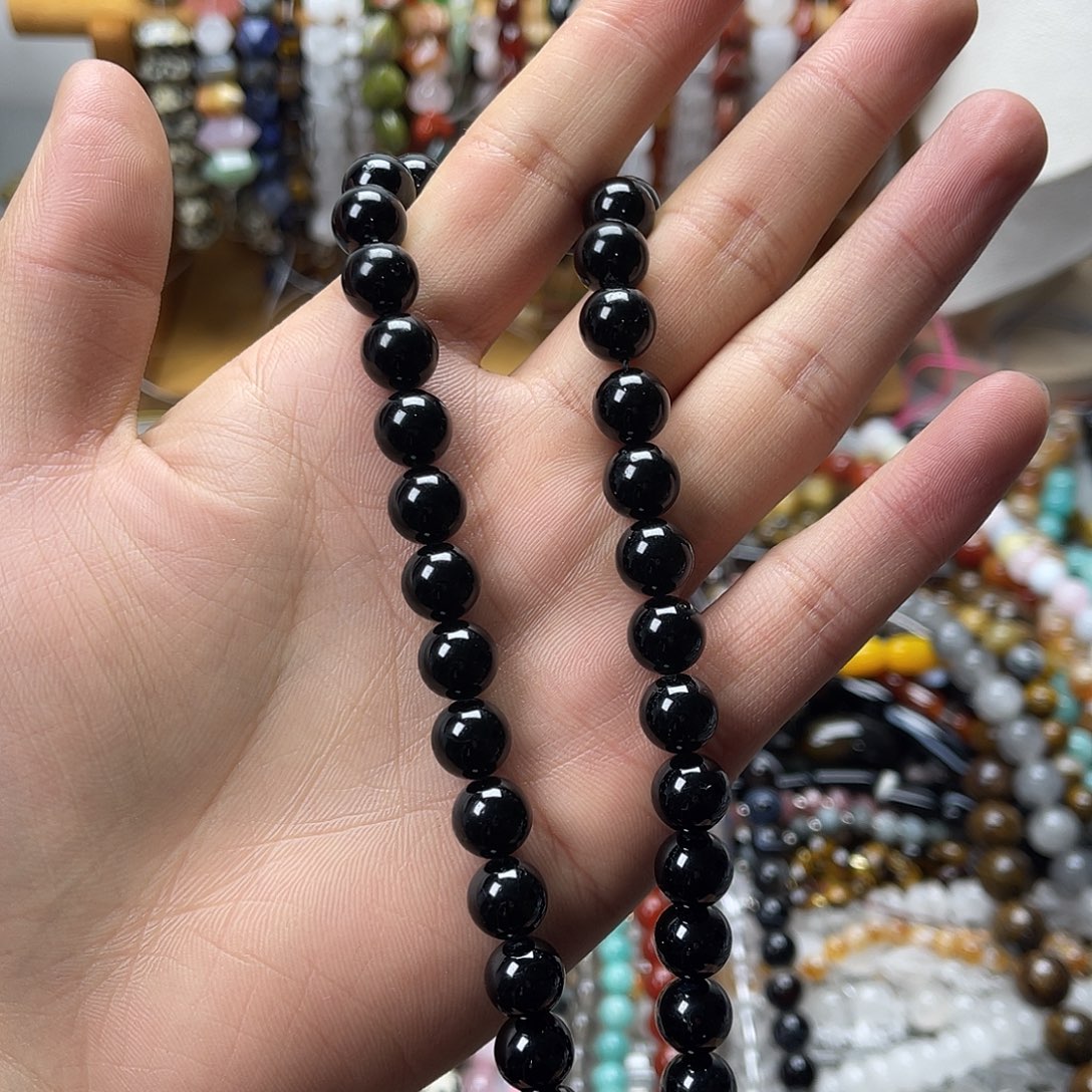 玛瑙/玉髓未镶嵌珠宝半成品卡10黑碧玺圆珠一条