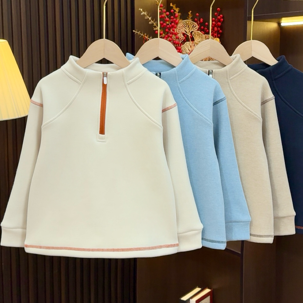 儿童蚕丝羊毛卫衣冬新款男童加绒加厚打底中大童拼接半拉链25D37