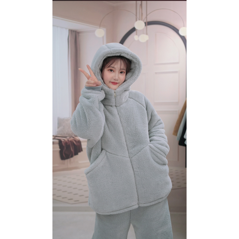 秋冬男女同款加绒加厚复合绒连帽拉链衫简约休闲家居服套装超保暖