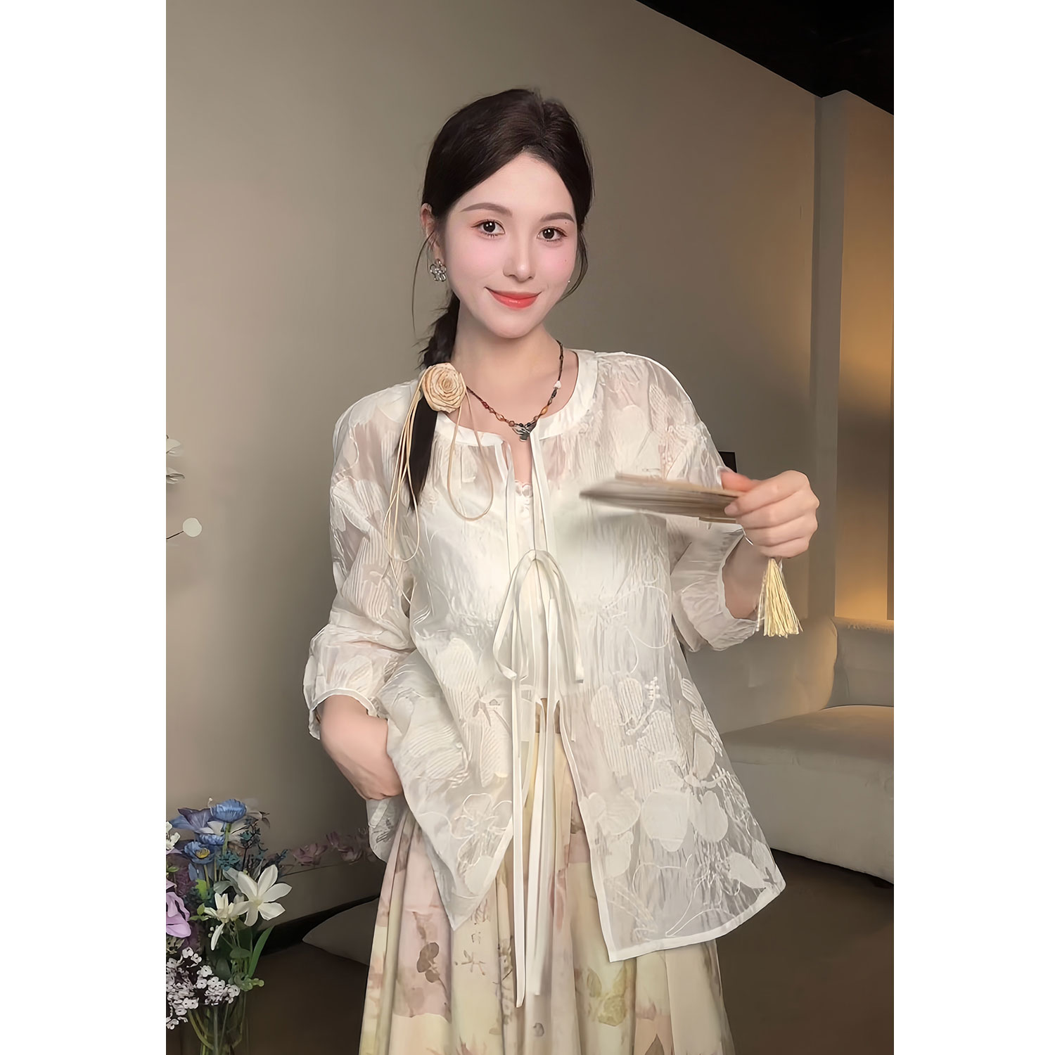 YAMM~中袖新中式国风蕾丝刺绣衬衫女宽松显瘦气质衬衣