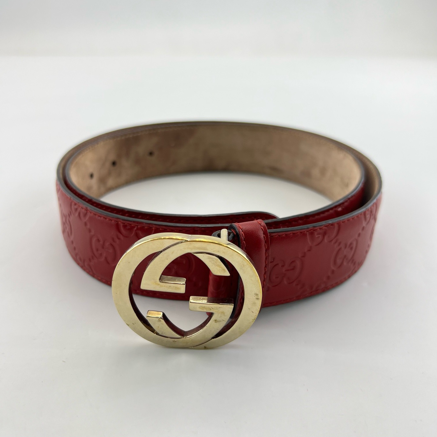 95新 GUCCI/古驰 95cm×3.5cm/红色经典双G扣头压纹腰带/16587855