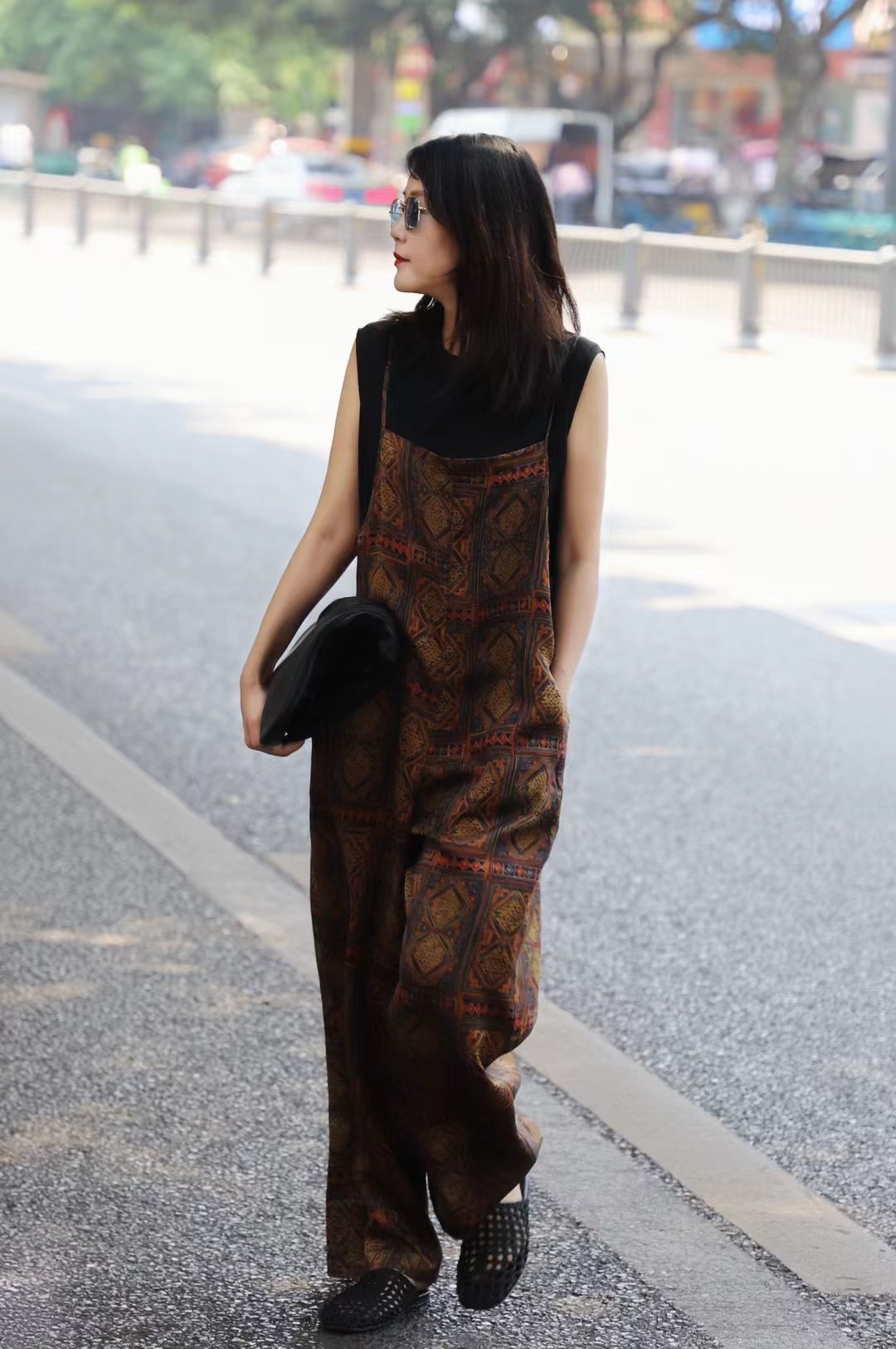 Li Wang/里望设计师款 花萝香云纱 中式薄款高级感咖色背带裤