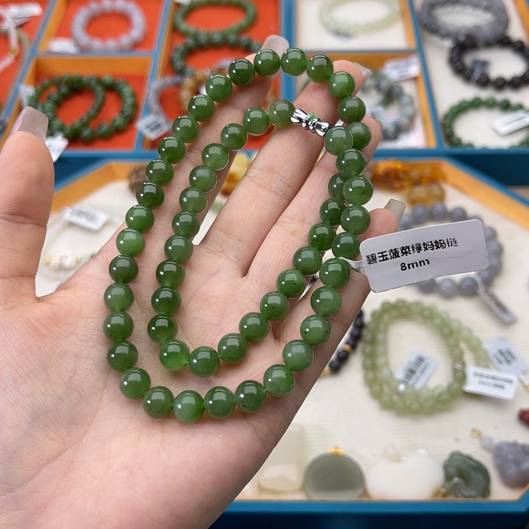 和田玉未镶嵌手链w63碧玉妈妈链8mm