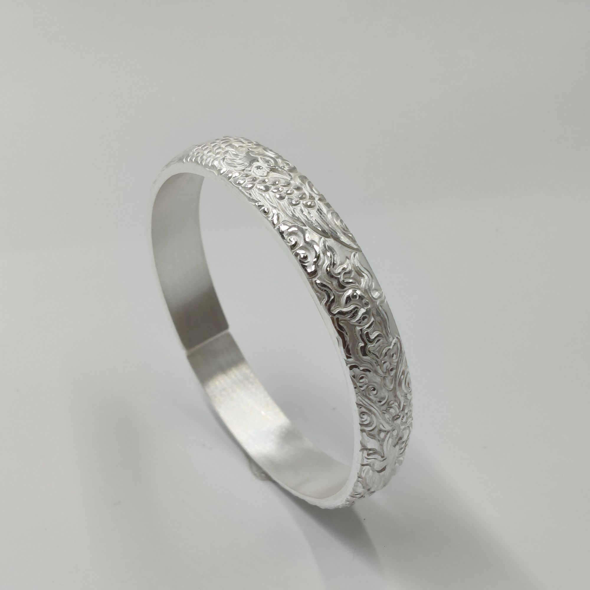 足银手镯   [半亩银田] 浮雕【重工龙凤呈祥手镯】实心时尚个性大气