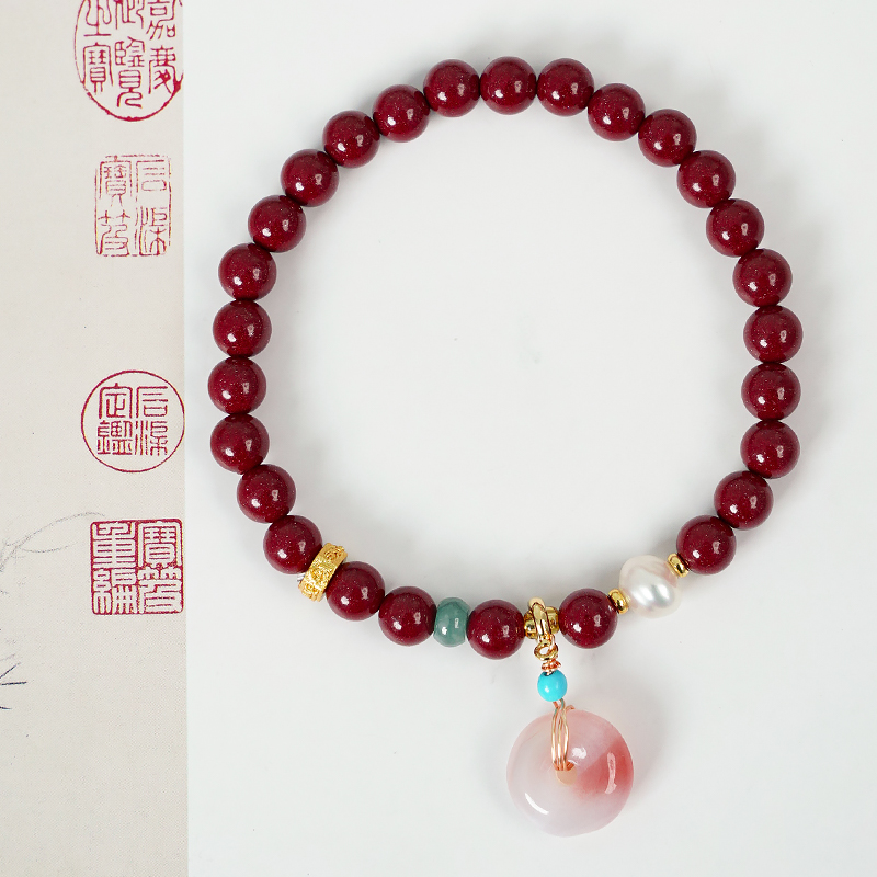 含辰砂工艺品天然朱砂平安扣手链-8614