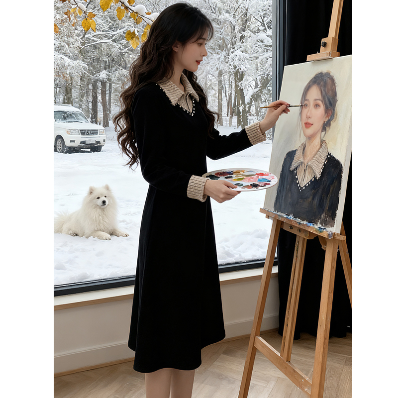 【现货】冬装新款假两件Polo领拼接气质显瘦连衣裙配大衣加绒打底裙