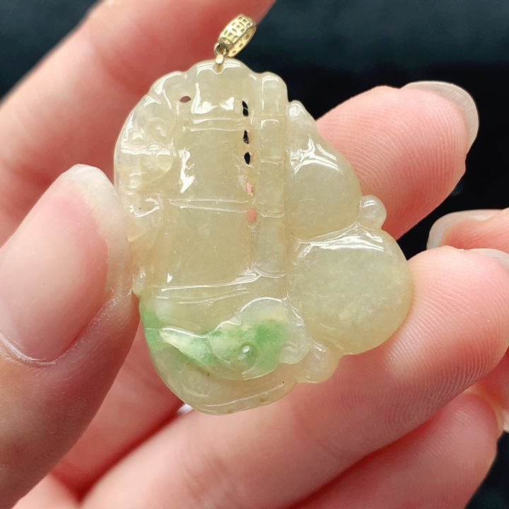 翡翠18K金镶嵌挂件天然翡翠七天鉴赏