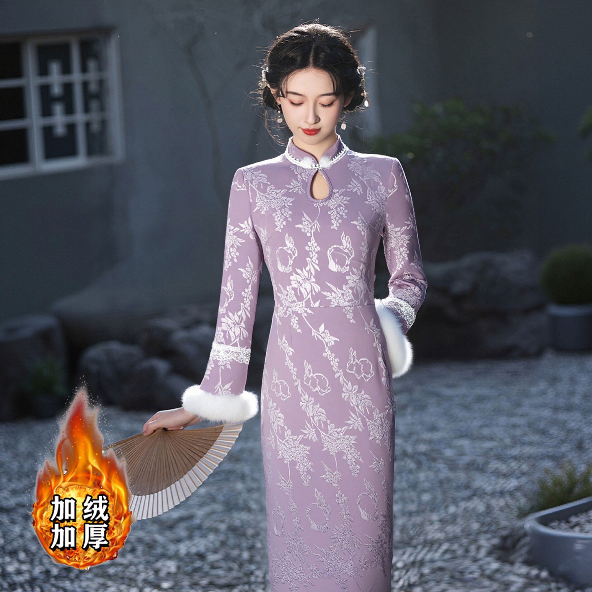 【加绒加厚】2025秋冬新款文艺显瘦新中式日常旗袍气质连衣裙D4364