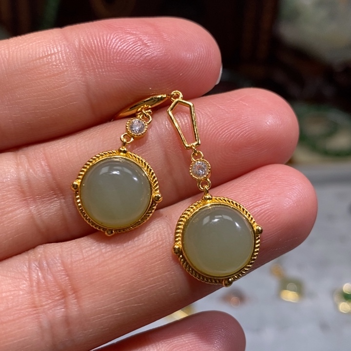 和田玉银S925镀金镶嵌耳饰