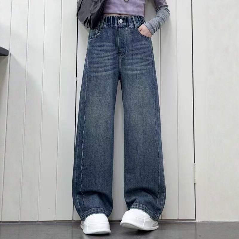 6152 童装冬款刺绣线条直筒牛仔裤加绒加厚88885