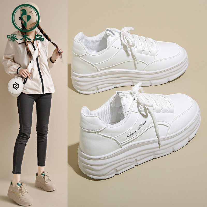 【正品】啄木鸟皮面女鞋秋季小白鞋厚底内增高时尚休闲鞋运动板鞋