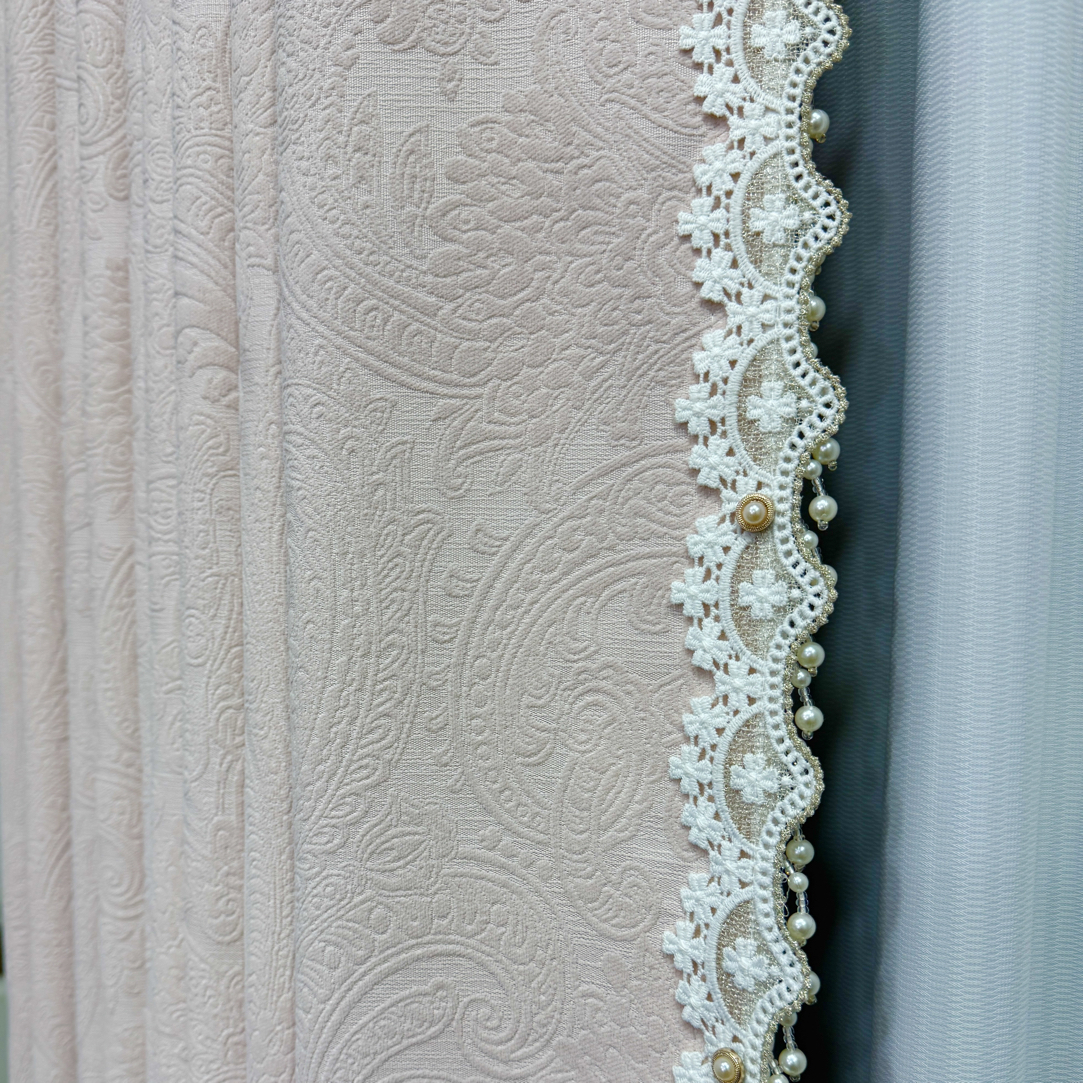 奶油粉3D立体高端浮雕雪尼尔法式轻奢风格窗帘