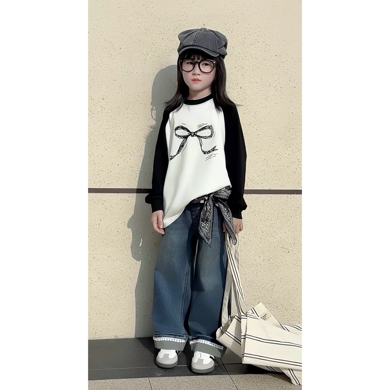 女童韩范打底衫2025春秋装女宝宝宽松蝴蝶结插肩袖长袖T恤78026