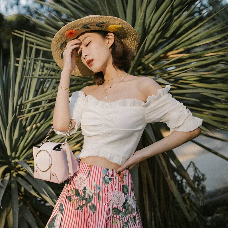 AceLAB|“迪士尼在逃公主”法式一字肩抹胸纯色修身上衣