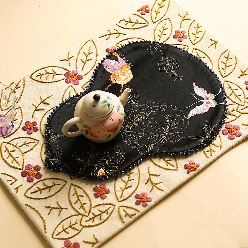 刺绣蝶恋花小茶席中式禅意茶桌垫布轻奢隔热垫子壶垫茶具配件